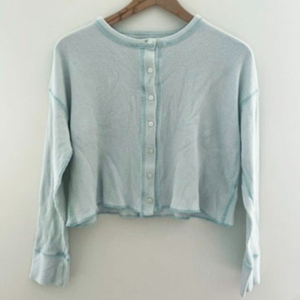organic cotton waffle weave jersey knit long sleeve button up cropped cardigan